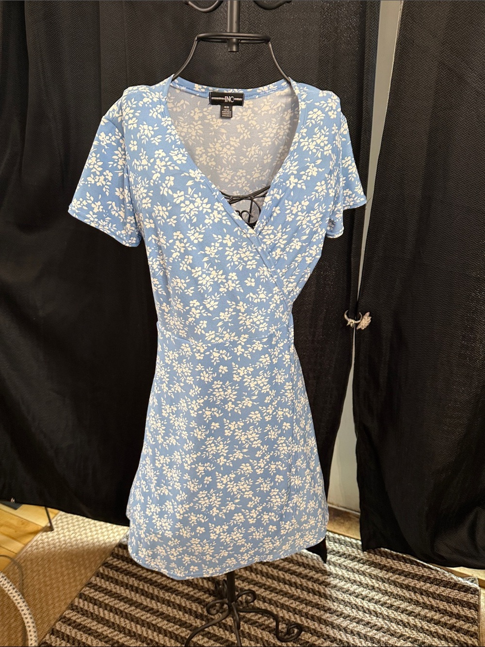 INC International Concepts Light Blue Floral Lace-Up Wrap Mini Dress